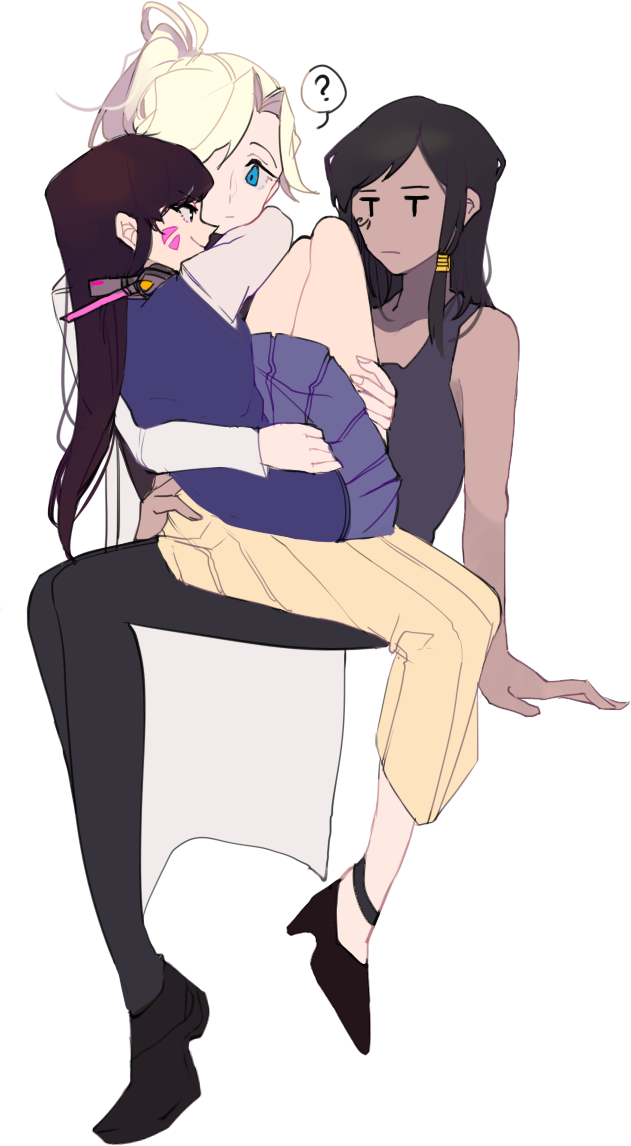 3girls, ?, black_hair, black_legwear, blonde_hair, blue_eyes, braid, brown_hair, d.va_(overwatch), dark_skin, eye_of_horus, facial_mark, headphones, headphones_around_neck, high_heels, hug, long_hair, long_skirt, long_sleeves, mercy_(overwatch), multiple_girls, mwo_imma_hwag, overwatch, pants, pharah_(overwatch), pleated_skirt, ponytail, protected_link, school_uniform, shirt, sidelocks, simple_background, sitting, sitting_on_lap, sitting_on_person, skirt, smile, tank_top, whisker_markings, white_background, yellow_skirt, yuri