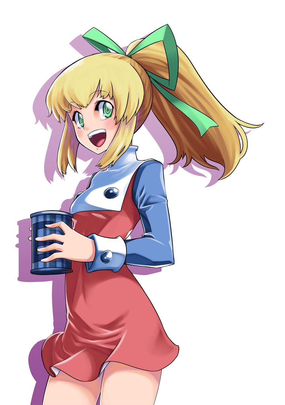 1girl, :d, bangs, blonde_hair, blush, breasts, classictime, cowboy_shot