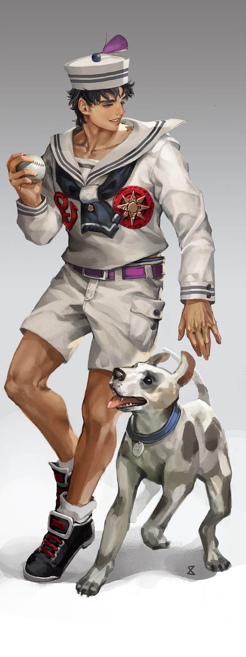 1boy, animal, ball, baseball, belt, belt_buckle, birthmark, blue_collar