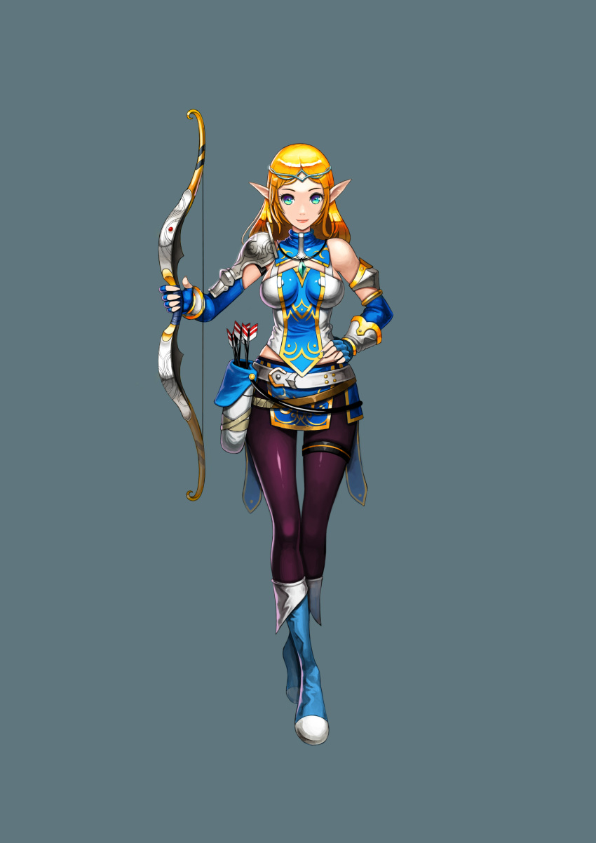 1girl, absurdres, ah-lyong_lee, armor, arrow, blonde_hair, blue_background, blue_boots, blue_eyes, blue_gloves, boots, bow_(weapon), breasts, character_request, circlet, crossed_ankles, detached_collar, elbow_gloves, elf, fingerless_gloves, full_body, gem, gloves, grey_background, hand_on_hip, highres, holding, holding_bow_(weapon), holding_weapon, jewelry, knee_boots, light_smile, long_hair, looking_at_viewer, medium_breasts, multiple_belts, original, pantyhose, pauldrons, pelvic_curtain, pendant, pointy_ears, purple_legwear, quiver, simple_background, slender_waist, solo, standing, thigh_gap, thigh_strap, turtleneck, weapon