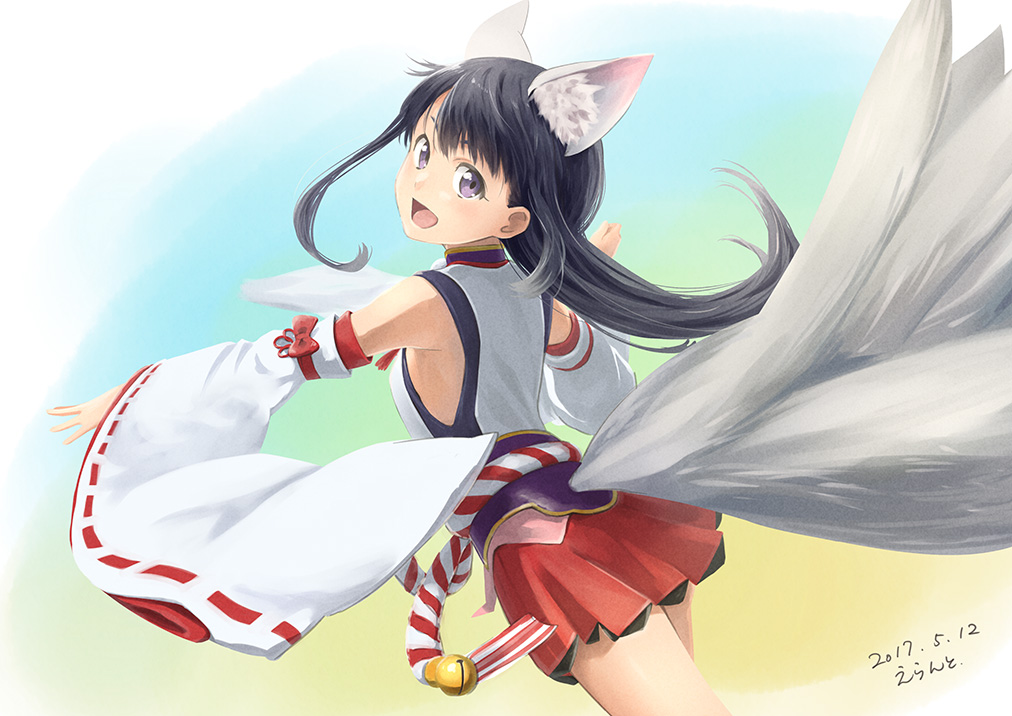 1girl, animal_ears, black_hair, chitose_yui, detached_sleeves, errant, fox_ears, fox_tail