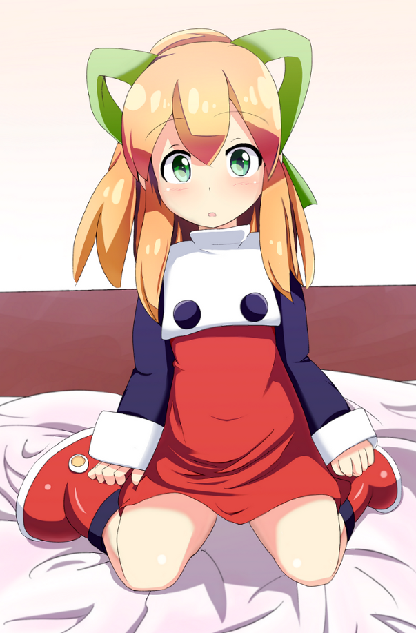 1girl, :o, bangs, bed, blonde_hair, blush, boots, commentary_request