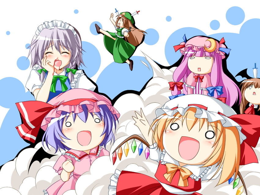 :d, ^_^, alternate_hair_color, ascot, bat_wings, blonde_hair, blood, blue_hair, blush, bow, braid, brown_hair, chibi, china_dress, chinese_clothes, closed_eyes, crescent, dress, expressionless, flandre_scarlet, flying_kick, frills, hair_bow, hand_on_own_cheek, hand_on_own_face, hat, hat_ribbon, head_wings, highres, hong_meiling, izayoi_sakuya, kamiya_tomoe, kicking, knife, knifed, koakuma, maid, maid_headdress, necktie, nosebleed, o_o, open_mouth, patchouli_knowledge, pink_dress, purple_hair, red_dress, remilia_scarlet, ribbon, side_slit, silver_hair, smile, smoke, star, teardrop, touhou, twin_braids, wallpaper, wings