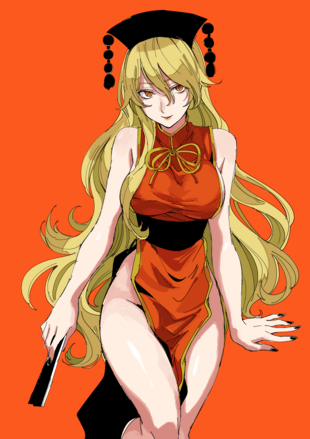 1girl, adapted_costume, aimai-me, arm, arm_support, arms_at_sides, bad_id, bad_twitter_id, bangs, bare_arms, bare_legs, bare_shoulders, black_hat, black_nails, blonde_hair, breasts, china_dress, chinese_clothes, closed_fan, commentary_request, dress, fan, female, fingernails, folding_fan, groin, hair_between_eyes, hat, highres, holding, holding_fan, junko_(touhou), large_breasts, legs, lips, looking_at_viewer, mature, nail_polish, naked_tabard, orange_background, orange_eyes, parted_lips, pelvic_curtain, side_slit, simple_background, sitting, sketch, sleeveless, sleeveless_dress, smile, solo, tabard, thighs, touhou, very_long_hair, wavy_hair