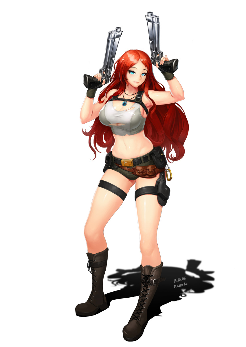 1girl, 2015, absurdres, ah-lyong_lee, armpits, artist_name, bangs, bare_shoulders, belly, belt, belt_boots, belt_buckle, belt_pouch, blue_eyes, boots, breasts, brown_boots, buckle, cleavage, closed_mouth, cosplay, crop_top, cross-laced_footwear, dated, dual_wielding, eyelashes, fingerless_gloves, fingernails, full_body, gem, gloves, gluteal_fold, green_shorts, gun, handgun, hands_up, highres, holding, holding_weapon, holster, jewelry, knee_boots, lace-up_boots, lara_croft, lara_croft_(cosplay), large_breasts, league_of_legends, lips, long_fingernails, long_hair, looking_at_viewer, midriff, navel, necklace, parted_bangs, pink_lips, pinky_out, pistol, redhead, sarah_fortune, shadow, shirt, short_shorts, shorts, signature, simple_background, smile, solo, standing, strap, tank_top, text, thigh_holster, tomb_raider, torn_clothes, torn_shirt, watermark, weapon, white_background
