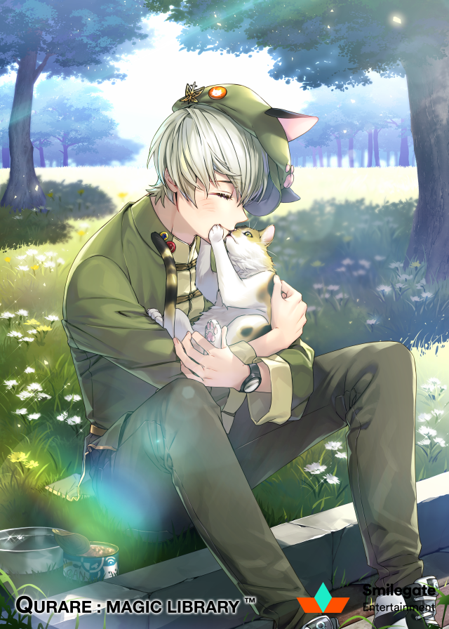 1boy, animal_hat, ayto, brown_pants, butterfly, cat, cat_food, cat_hat
