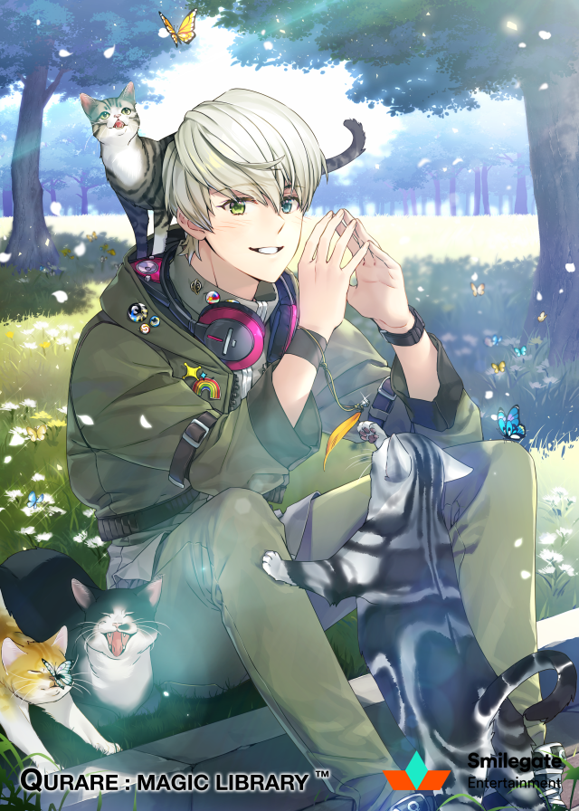 1boy, animal, animal_on_back, arm_belt, ayto, blue_eyes, blush, butterfly