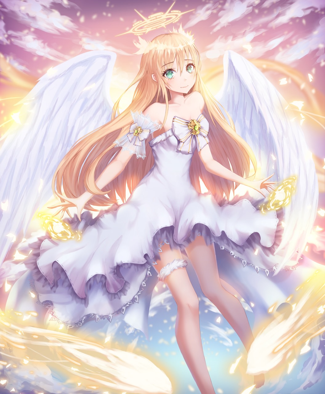 1girl, angel, angel_wings, aqua_eyes, bare_shoulders, barefoot, clouds, dress