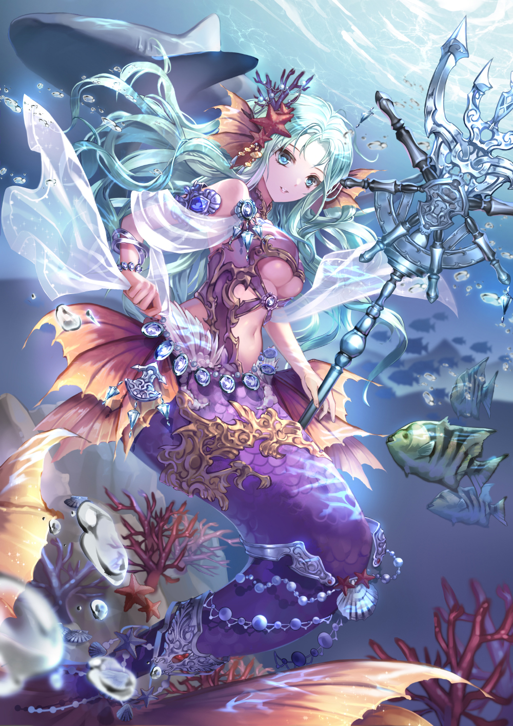 air_bubble, aqua_hair, blue_eyes, bracelet, breasts, coral, coral_hairpin, fish