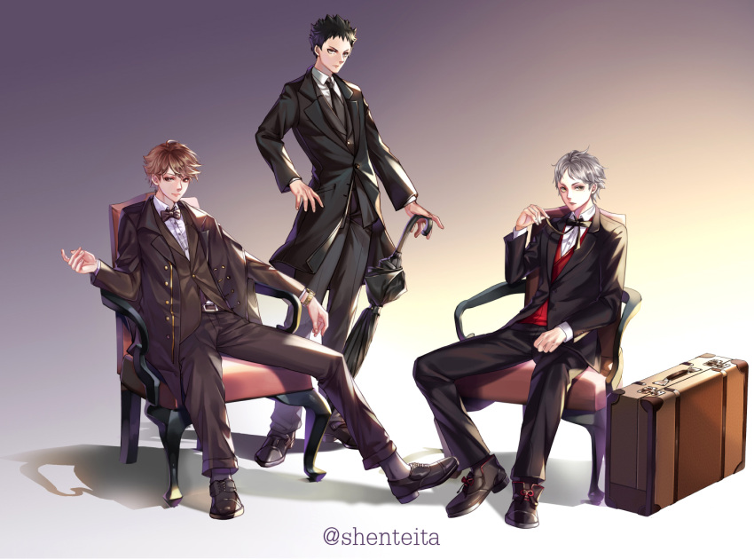 3boys, belt, black_bow, black_bowtie, black_hair, black_necktie, black_pants, black_suit