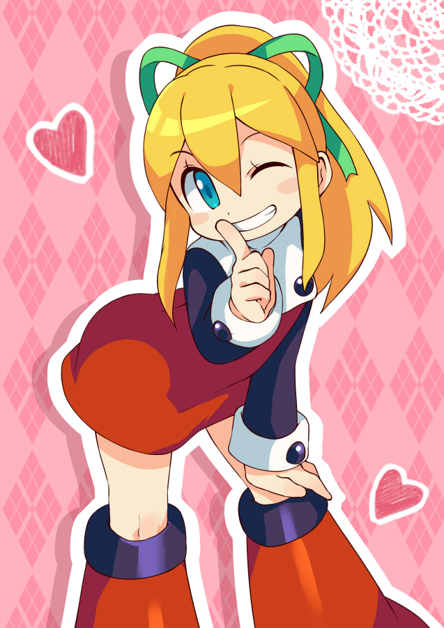 1girl, ;d, android, argyle, argyle_background, bangs, blonde_hair, blue_eyes, blush_stickers, boots, capcom, clenched_teeth, cyborg, doily, dress, female, finger_to_mouth, flat_chest, green_ribbon, grin, hair_between_eyes, hair_ribbon, hand_on_own_knee, heart, highres, index_finger_raised, knee_boots, leaning, leaning_forward, long_hair, long_sleeves, looking_at_viewer, miyata_(lhr), one_eye_closed, open_mouth, outline, pink_background, ponytail, red_boots, red_dress, ribbon, rockman, rockman_(classic), roll, shushing, sidelocks, smile, solo, standing, teeth, white_outline, wink