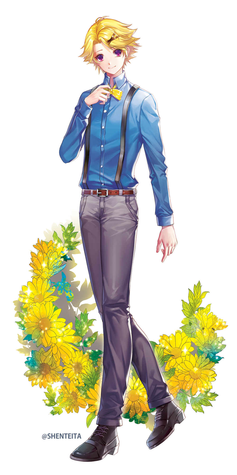 1boy, artist_name, belt, black_shoes, blonde_hair, blue_shirt, bow, bowtie, flower, full_body, grey_pants, hair_ornament, highres, looking_at_viewer, male_focus, pants, shente_(sharkpunk), shirt, shoes, smile, solo, standing, susanghan_messenger, suspenders, violet_eyes, x_hair_ornament, yellow_bow, yellow_bowtie, yellow_flower, yoosong_(susanghan_messenger)