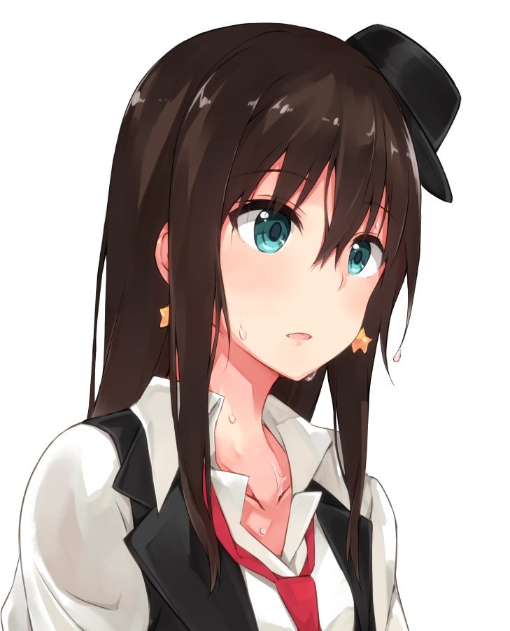 1girl, bangs, blue_eyes, brown_hair, collared_shirt, commentary_request, earrings, hat