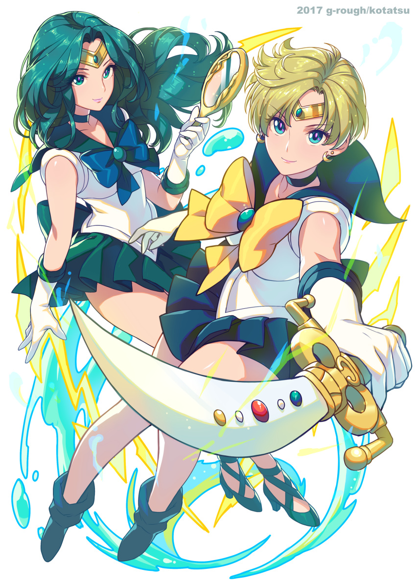 2017, 2girls, aqua_choker, aqua_eyes, aqua_hair, aqua_sailor_collar, aqua_skirt, bare_legs