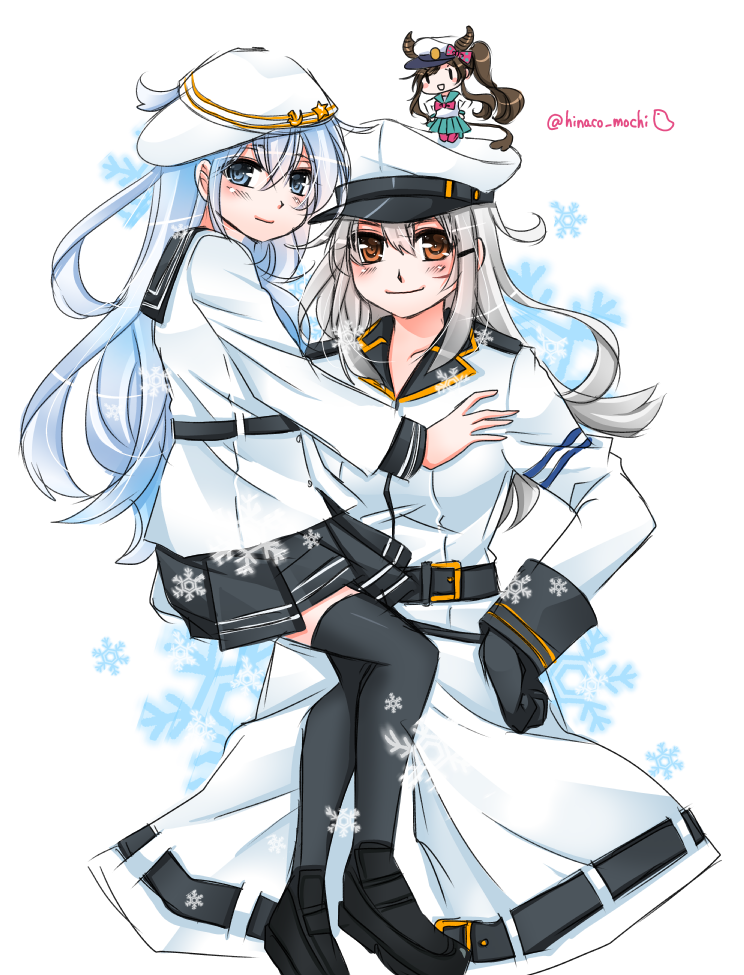3girls, belt, black_gloves, black_legwear, blue_eyes, brown_eyes, carrying, fairy_(kantai_collection)