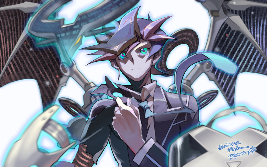 1boy, blazer, blue_eyes, blue_hair, blue_necktie, closed_mouth, dated, dragon