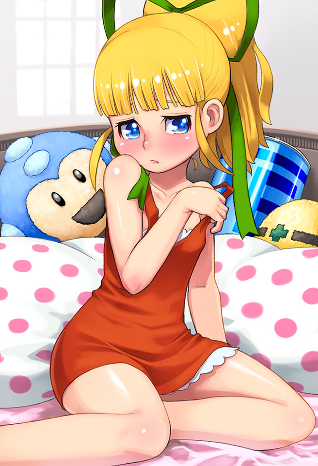 1girl, bangs, bare_arms, bare_shoulders, bed, bed_sheet, blonde_hair, blue_eyes