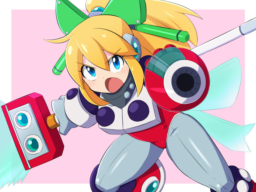 >:o, 1girl, :o, aiming_at_viewer, arm_cannon, bangs, blonde_hair, blue_eyes