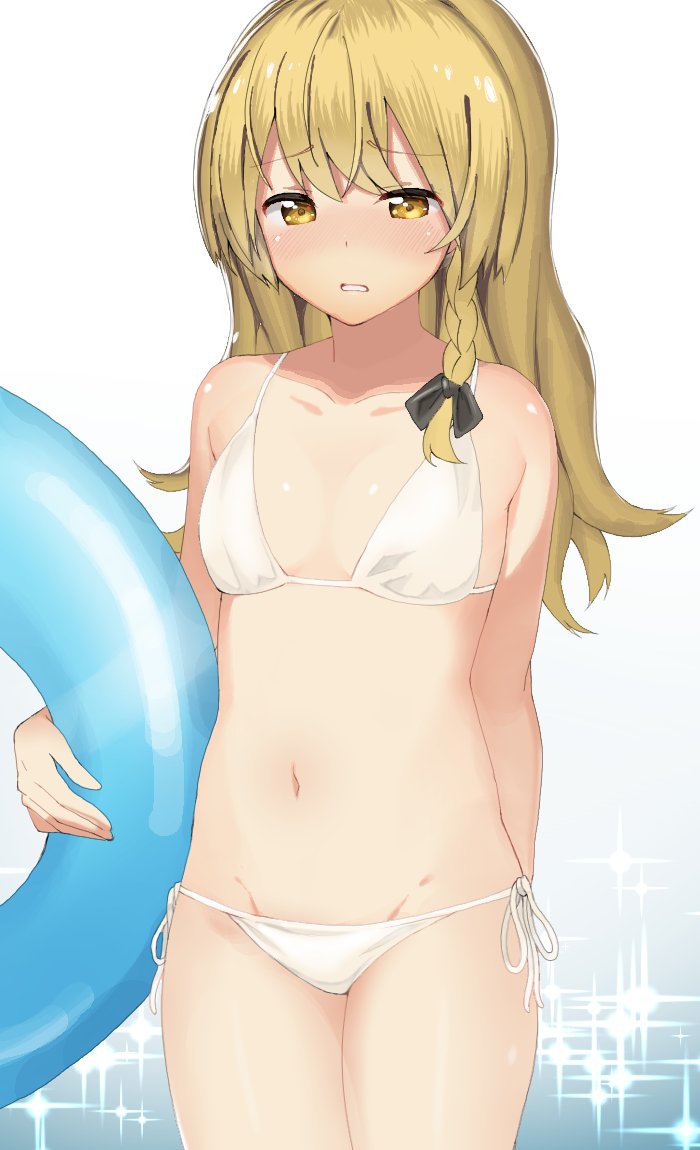 1girl, alternate_costume, bikini, blonde_hair, blush, braid, breasts, embarrassed