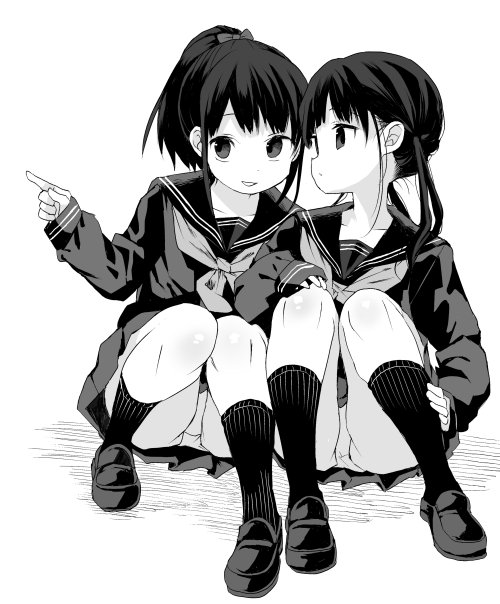 2girls, greyscale, kneehighs, kuromoto-kun_(rina_masimaro), long_hair, long_sleeves, miniskirt, monochrome