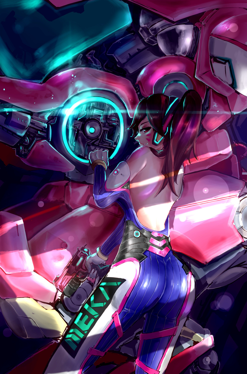 1girl, absurdres, acronym, alternate_hairstyle, arm_cannon, ass, bangs, bare_shoulders, blue_bodysuit, bodysuit, boots, bracer, breasts, brown_eyes, brown_hair, closed_mouth, clothes_writing, cowboy_shot, d.va_(overwatch), ek_klesia, eyelashes, facepaint, facial_mark, from_behind, gloves, gun, hand_up, handgun, headphones, highres, holding, holding_gun, holding_weapon, legs_apart, long_hair, looking_at_viewer, looking_back, meka_(overwatch), nose, off_shoulder, overwatch, pauldrons, pilot_suit, pink_lips, ribbed_bodysuit, shiny, shiny_clothes, shoulder_pads, skin_tight, smile, standing, sunlight, thigh-highs, thigh_boots, thigh_strap, trigger_discipline, weapon, whisker_markings, white_boots, white_gloves