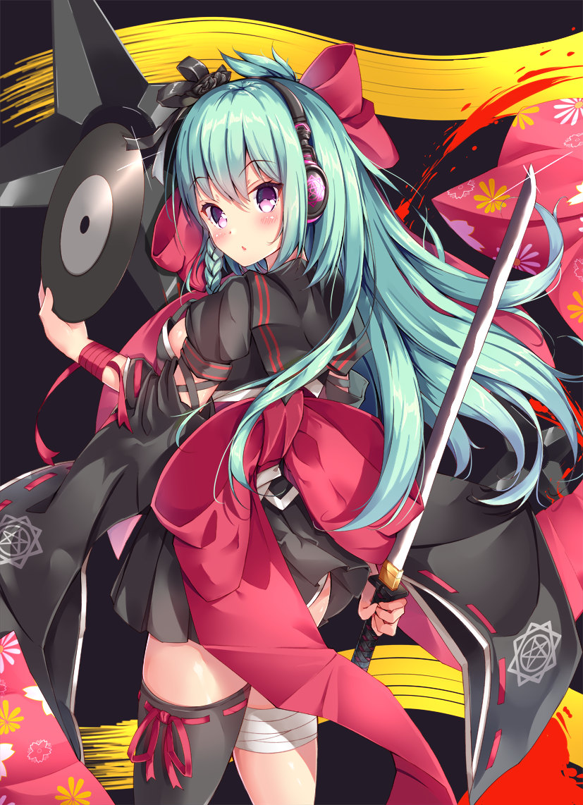 1girl, aqua_hair, beatmania, beatmania_iidx, black_skirt, blush, braid, breasts