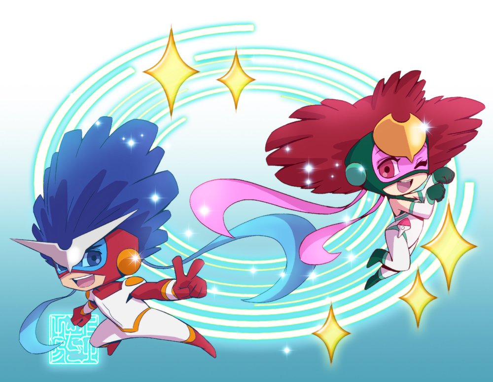 1boy, 1girl, blue_background, blue_eyes, blue_hair, bodysuit, chibi, full_body, gloves, gradient, gradient_background, green_gloves, kaitou_kiramekiman, kamikita_futago, lip_(kiramekiman), looking_at_viewer, one_eye_closed, pafu_(kiramekiman), red_eyes, red_gloves, redhead, signature, simple_background, smile, sparkle, time_bokan_(series), visor