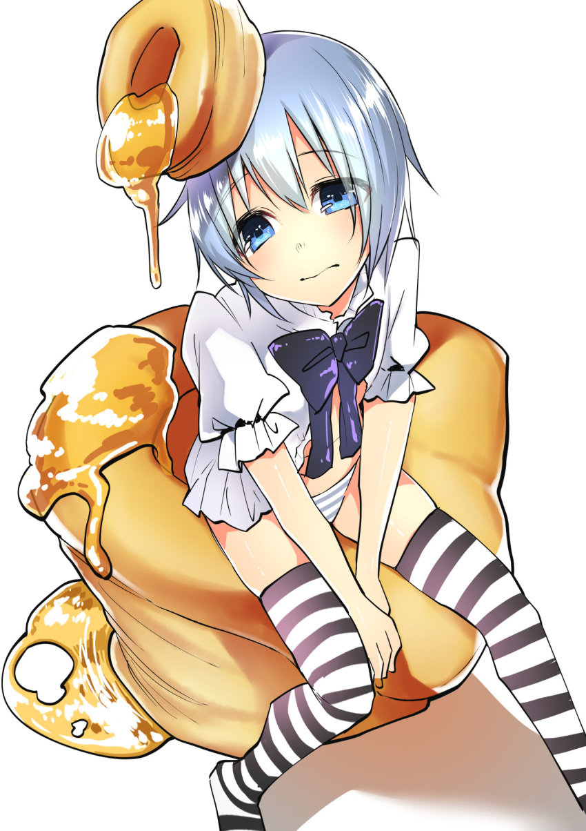 1girl, 3:, bangs, between_legs, biscuit, bisuke-tan, black_bow, blue_eyes