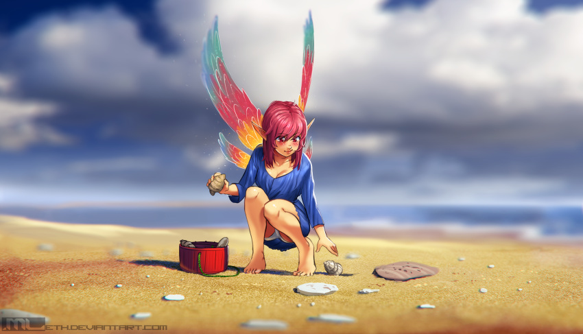 1girl, bare_legs, barefoot, beach, blue_dress, bottle_cap, breasts, clouds