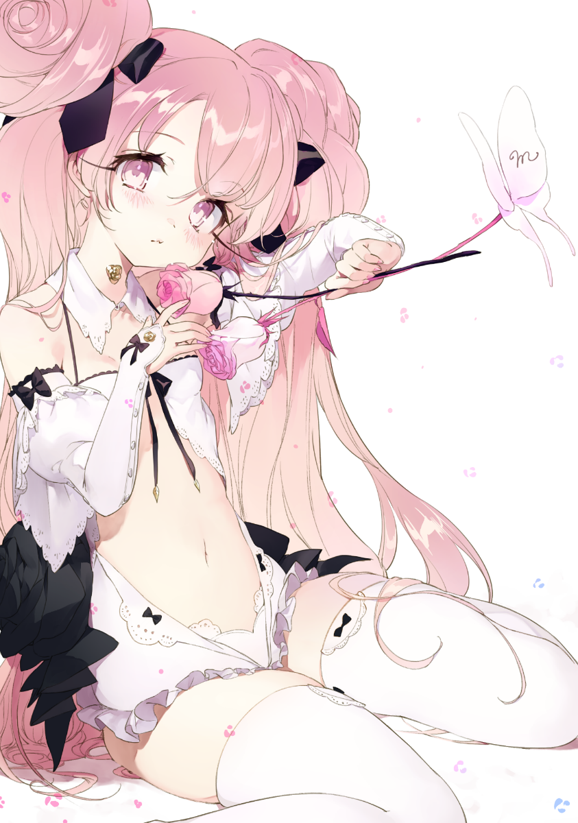 1girl, bangs, bare_shoulders, black_bow, black_ribbon, blush, bow, bow_legwear