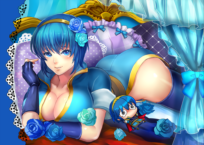 1girl, 9tt6, ass, bed, blue_eyes, blue_hair, breasts, cape