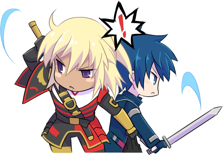 !, >:(, 2boys, artist_request, black_gloves, blonde_hair, blue_coat, blue_eyes