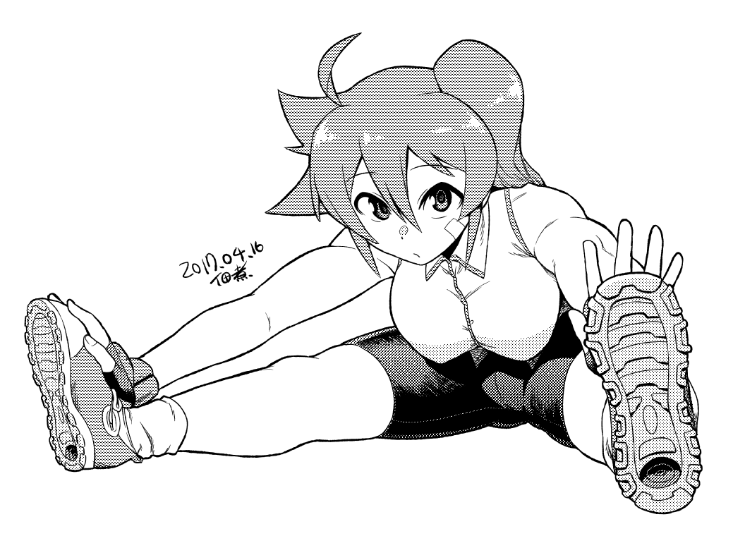 1girl, ahoge, bandaid, bandaid_on_face, bike_shorts, borrowed_character, breasts, greyscale