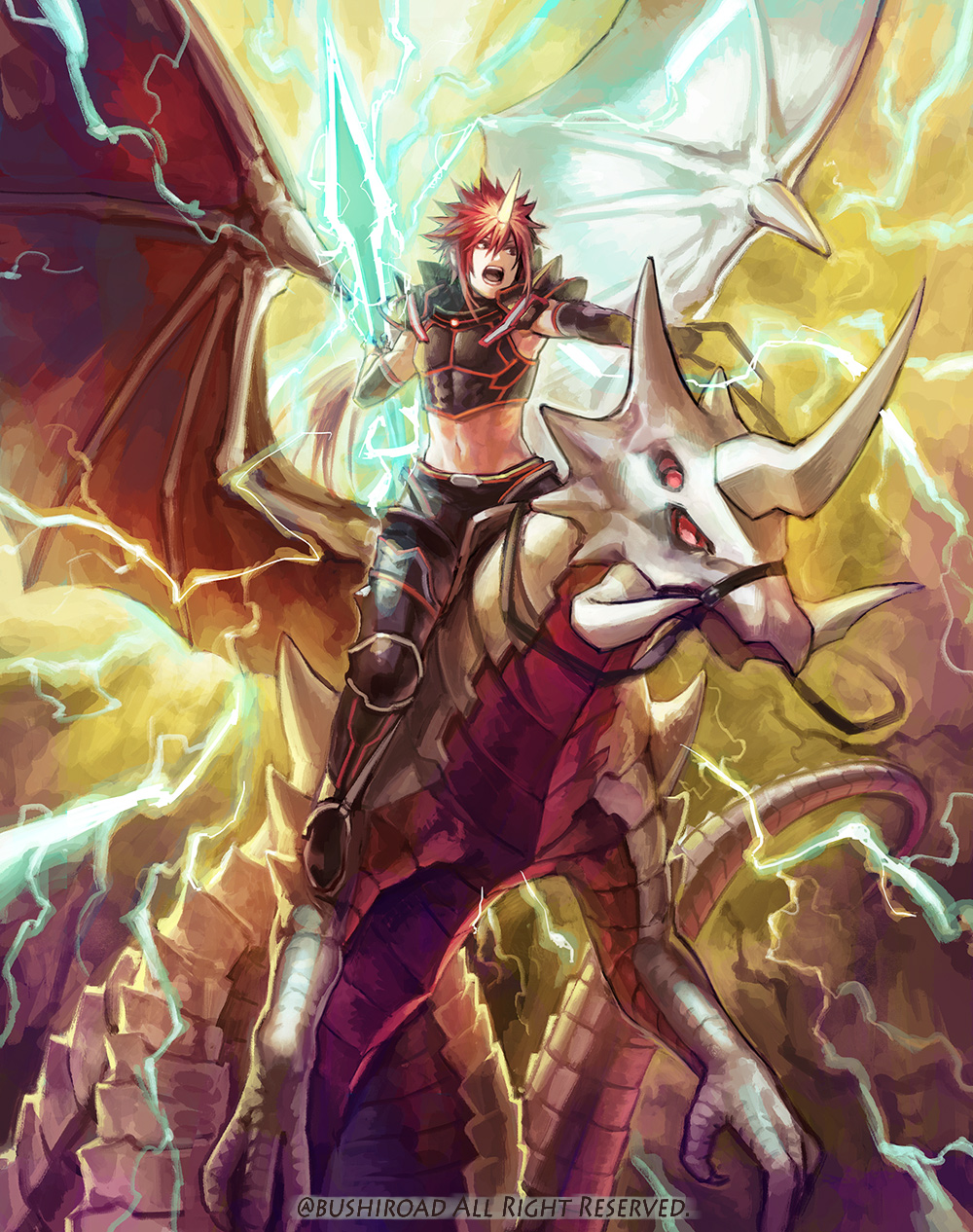 1boy, armor, armored_boots, boots, cardfight!!_vanguard, company_name, dragon, dragon_tail