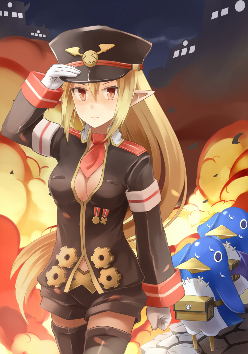 >:(, >_<, 1girl, black_legwear, black_shorts, blonde_hair, blush, breasts
