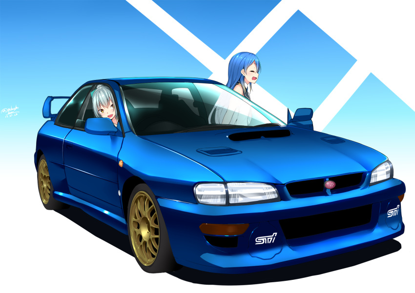 blue_hair, car, closed_eyes, green_hair, ground_vehicle, highres, kantai_collection, motor_vehicle