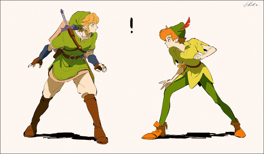 !, 2boys, artist_name, belt, blue_eyes, boots, dagger, earrings, fingerless_gloves, full_body, gloves, hat, hat_feather, highres, jewelry, link, look-alike, looking_at_another, master_sword, multiple_boys, noaki, orange_eyes, orange_hair, pants, peter_pan_(character), peter_pan_(disney), profile, scabbard, sheath, sheathed, shield, shirt, short_hair, short_sleeves, signature, sketch, standing, sword, the_legend_of_zelda, thigh-highs, thigh_boots, weapon, white_background, wide_stance