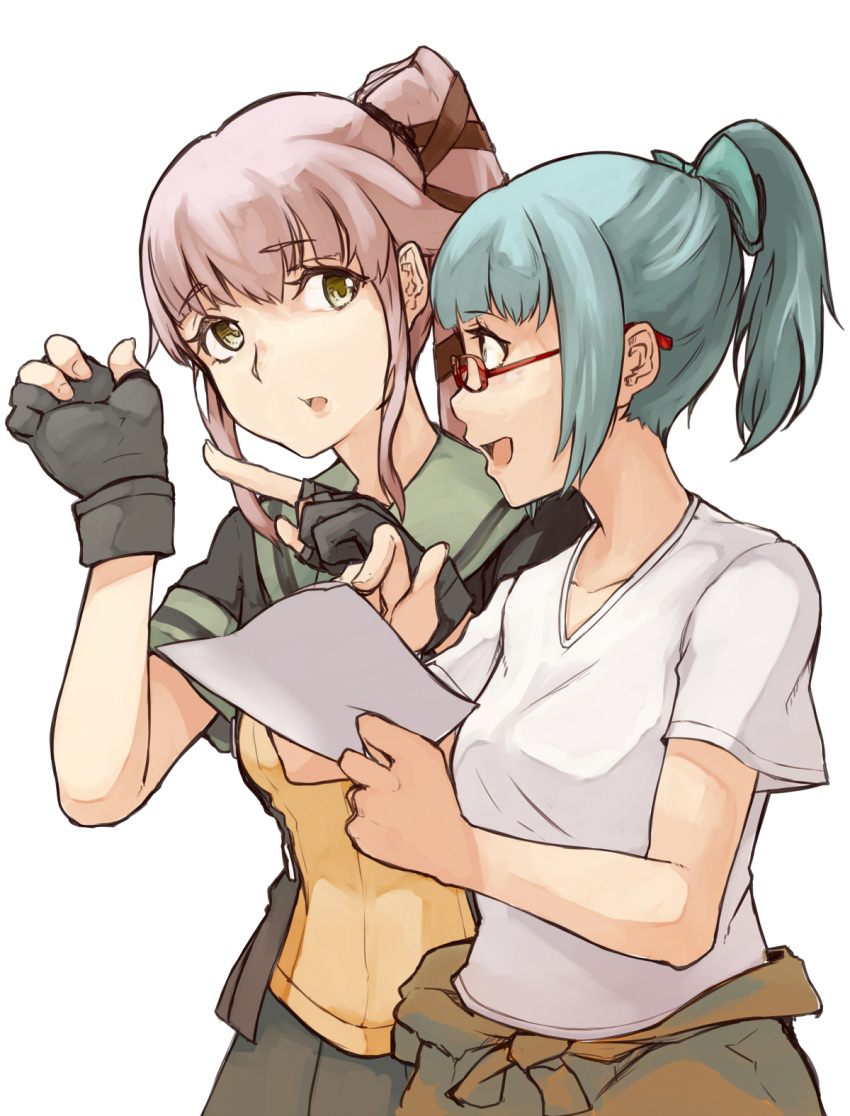 2girls, bespectacled, black_ribbon, bow, brown_eyes, eimusu_(yassun83), fingerless_gloves, glasses