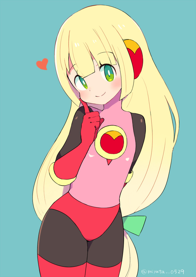 1girl, arm_behind_back, bangs, blonde_hair, blue_background, blunt_bangs, blush, bodysuit, breasts, closed_mouth, commentary_request, cosplay, cowboy_shot, earmuffs, elbow_gloves, eyebrows_visible_through_hair, finger_to_cheek, gloves, green_eyes, green_ribbon, hair_ribbon, head_tilt, heart, long_hair, looking_at_viewer, low-tied_long_hair, miyata_(lhr), no_headwear, no_helmet, pink_bodysuit, pink_gloves, ribbon, rockman, rockman_(classic), rockman_exe, roll, roll_exe, roll_exe_(cosplay), sidelocks, simple_background, small_breasts, smile, solo, standing, twitter_username, very_long_hair