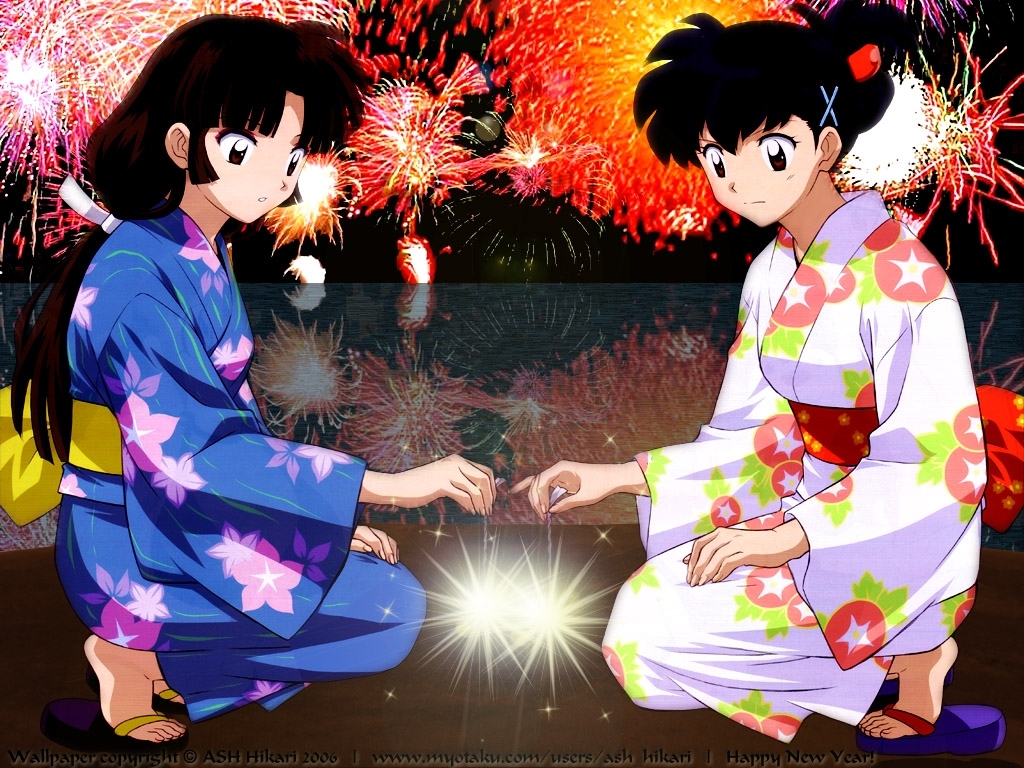 1024x768, black_hair, feet, fireworks, higurashi_kagome, inuyasha, japanese_clothes, kimono, reflection, sango, sparklers, wallpaper