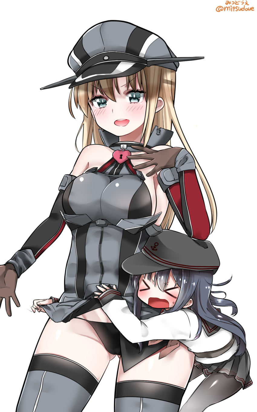 >:d, >_<, >o<, 2girls, :d, akatsuki_(kantai_collection), assisted_exposure, bismarck_(kantai_collection), black_panties, blonde_hair, breasts, closed_eyes, commentary_request, detached_sleeves, dx, dx<, gloves, hat, heart_lock_(kantai_collection), highres, kantai_collection, large_breasts, long_hair, military, military_uniform, mitsudoue, multiple_girls, open_mouth, panties, peaked_cap, skirt, skirt_lift, smile, thigh-highs, underwear, uniform