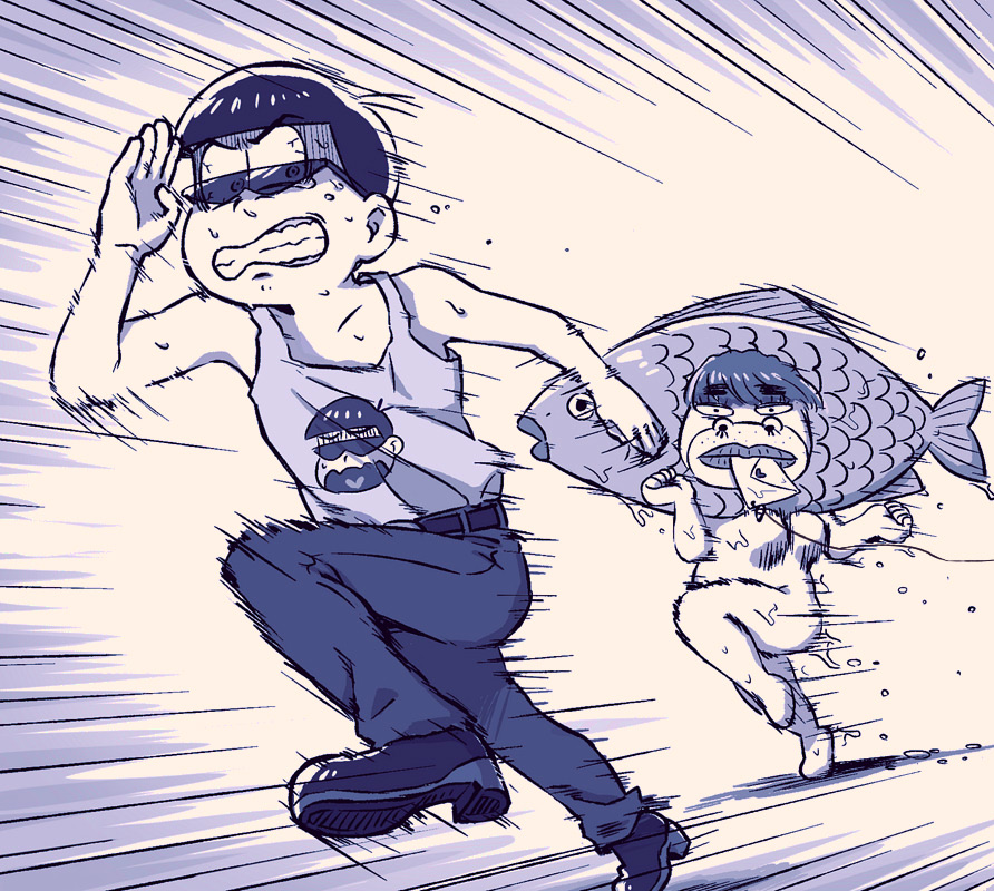 1boy, 1girl, ajirice, bangs, bloodshot_eyes, blunt_bangs, bodysuit, denim, dobusu_(osomatsu-san), fish_hood, fleeing, jeans, letter, love_letter, matsuno_karamatsu, monochrome, mouth_hold, osomatsu-kun, osomatsu-san, pants, running, short_hair, sunglasses, sweat, tank_top, wet