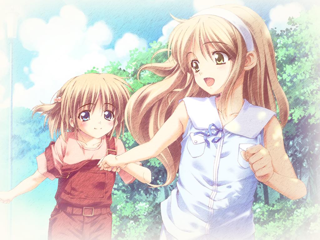 2girls, blue_eyes, blush, brown_hair, child, green_eyes, kusukusu, long_hair