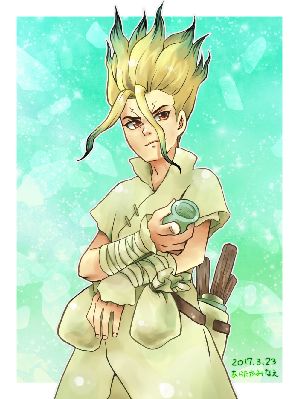 1boy, blue_background, brown_eyes, cowboy_shot, dared, dr._stone, gradient_hair, highres