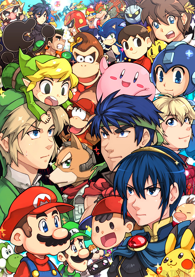 6+boys, animal_ears, armor, bird, black_hair, blonde_hair, blue_eyes, blue_hair