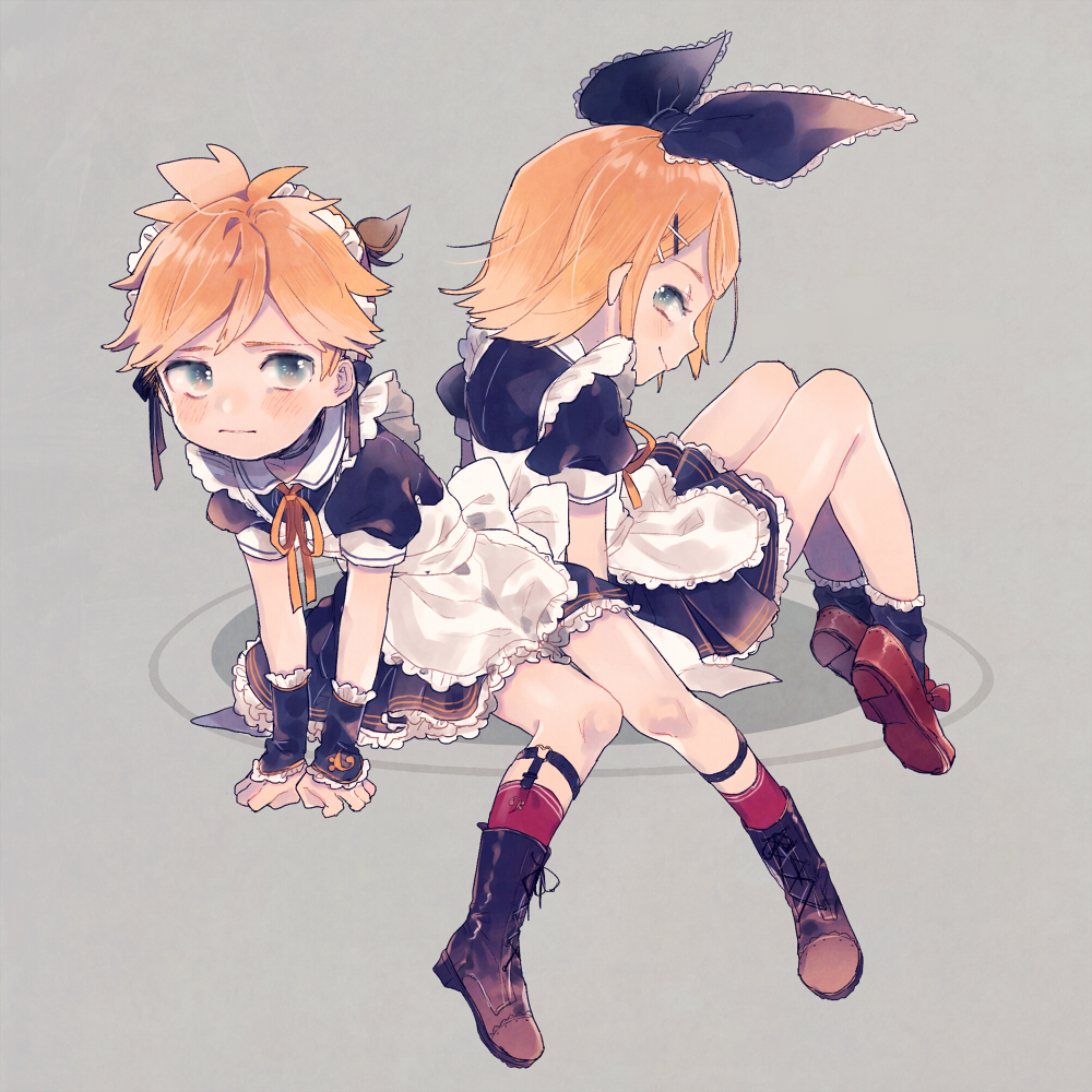 1boy, 1girl, apron, back-to-back, blonde_hair, blue_eyes, blush, boots