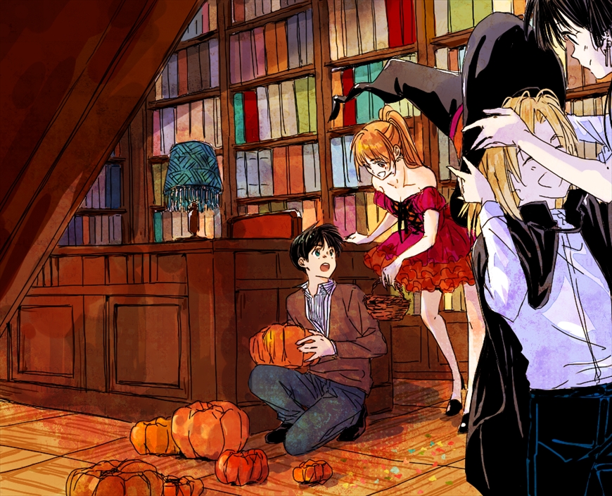 2boys, 2girls, black_hair, blonde_hair, blue_eyes, bookshelf, c.m.b., cape