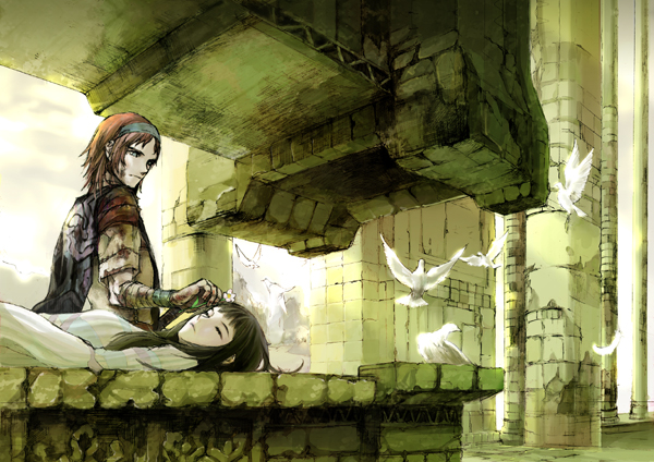 bandage, bandana, bird, birds, black_hair, blood, brown_hair, closed_eyes