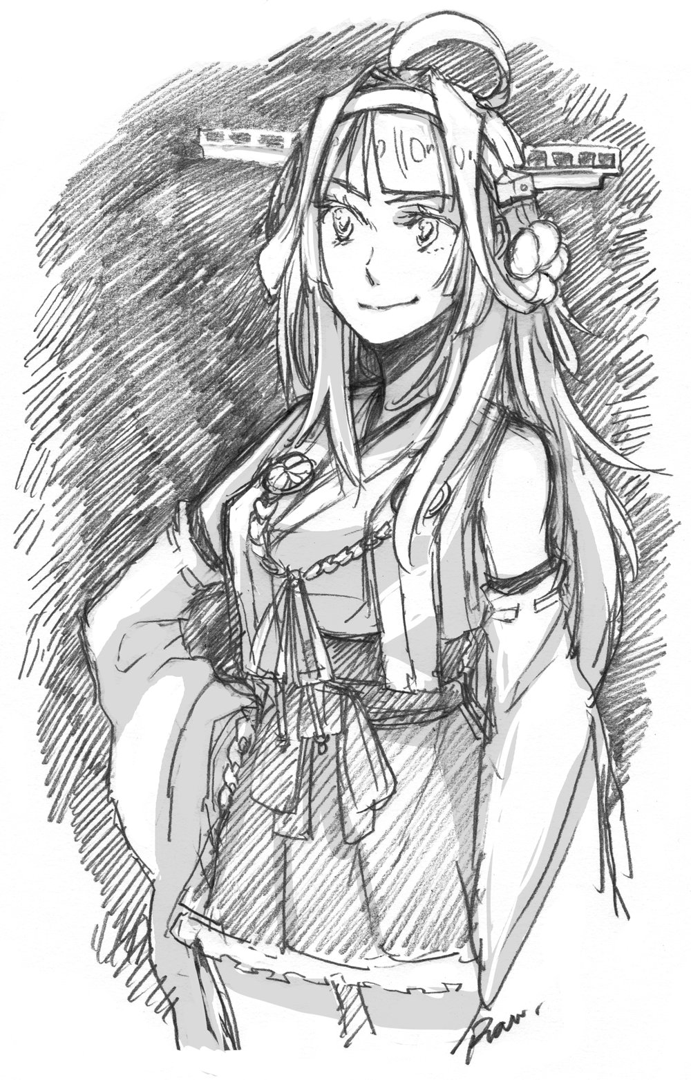 1girl, ahoge, artist_name, bare_shoulders, cowboy_shot, detached_sleeves, double_bun, graphite_(medium)