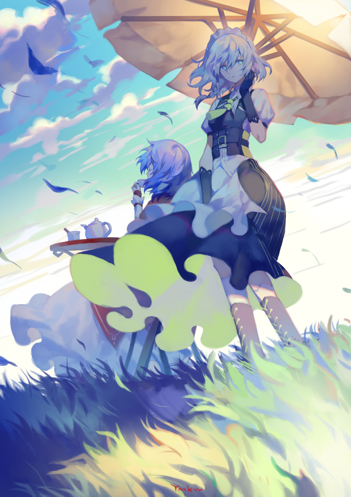 2girls, belt, black_gloves, black_skirt, blue_eyes, boots, braid, brown_boots
